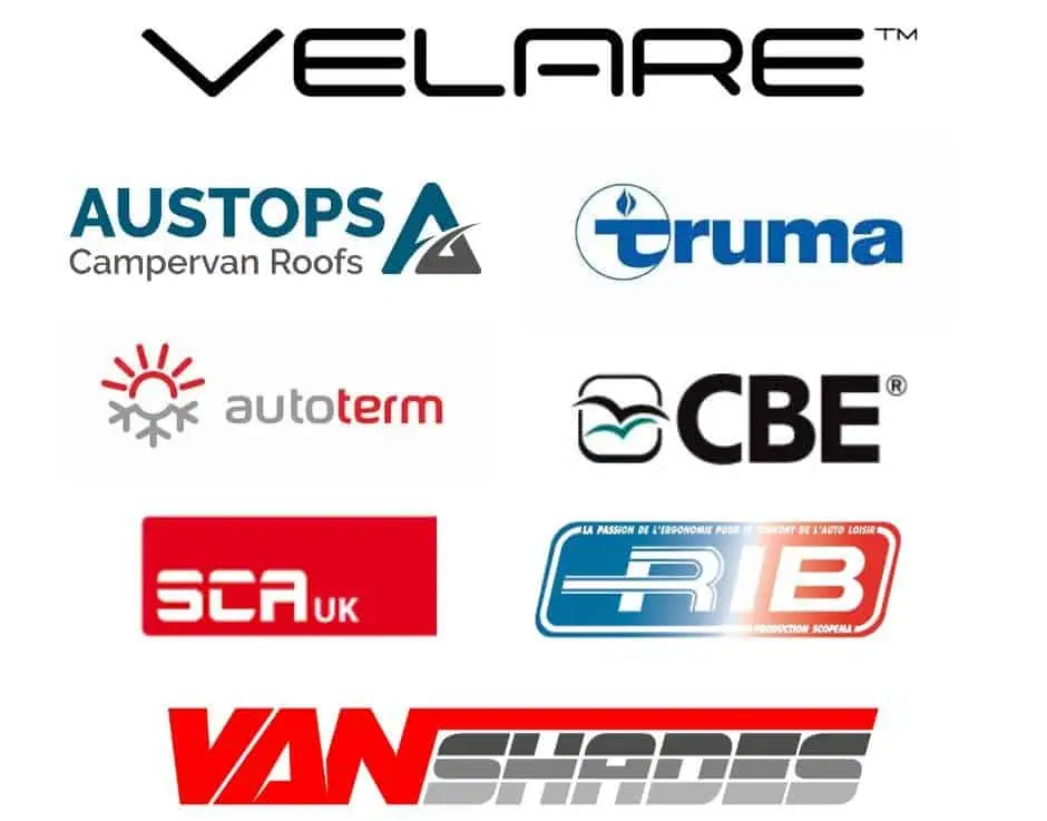 Velare logo with brands for van conversions and roofing solutions in the UK.